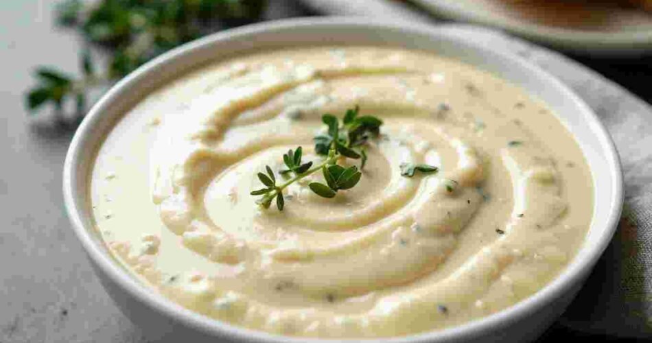 Creamy béarnaise sauce in a white bowl, garnished with fresh tarragon.