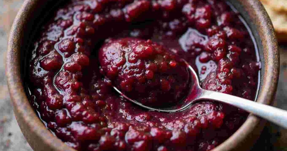 A small bowl of vibrant beetroot chutney, with a spoon and a plain dosa beside it.