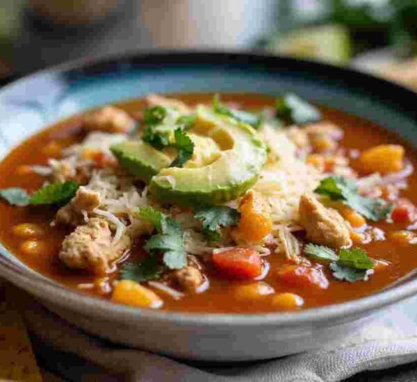 A bowl of hearty chicken tortilla soup from a crockpot, topped with avocado, cheese, lime, and crispy tortilla strips.