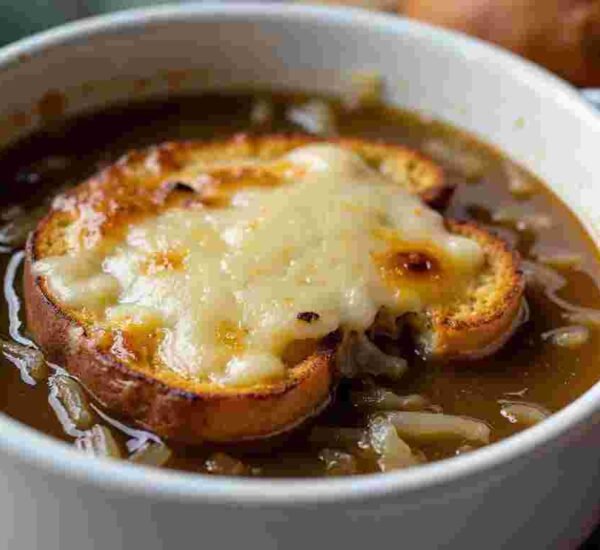 A close-up of a crock of the best French onion soup with golden, bubbling cheese melting over a crusty bread topping.