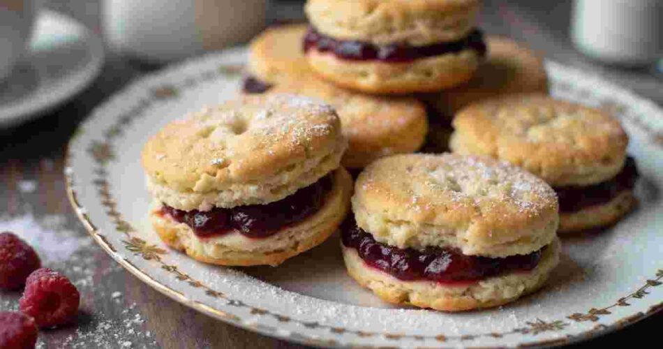 Homemade raspberry jam sandwich biscuits with powdered sugar on top.