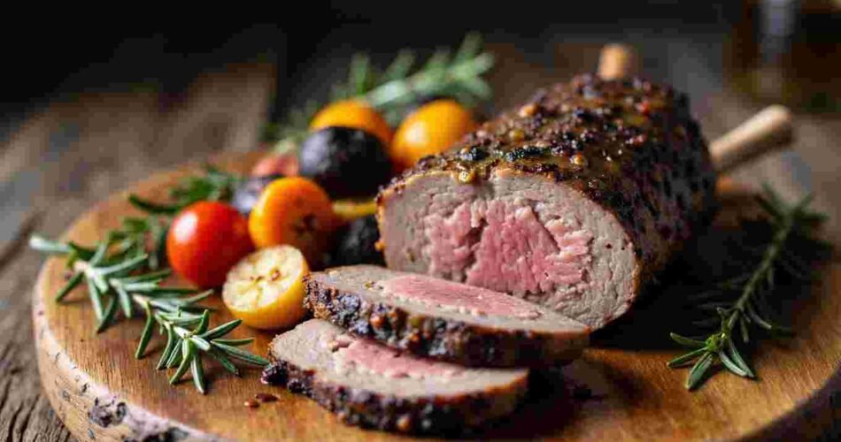 Slow-cooked lamb neck fillet slices on a plate with rosemary.