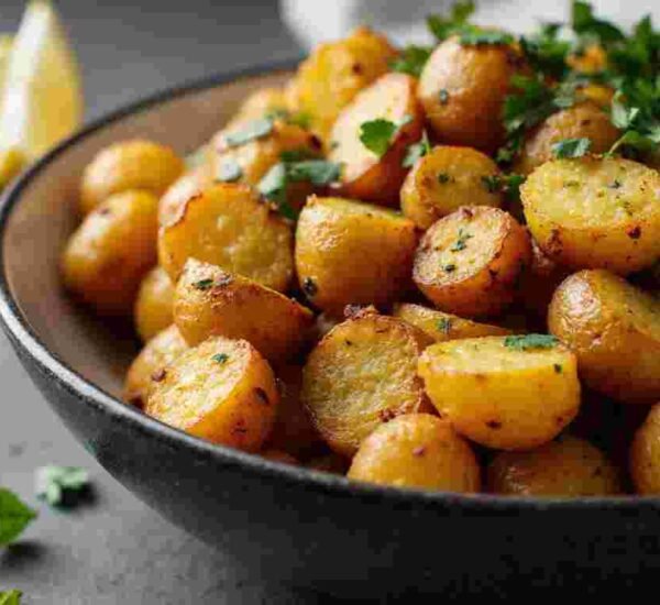 A vibrant bowl of golden crispy Bombay potatoes, fragrant with turmeric and cumin, garnished with fresh cilantro and served with lemon wedges.