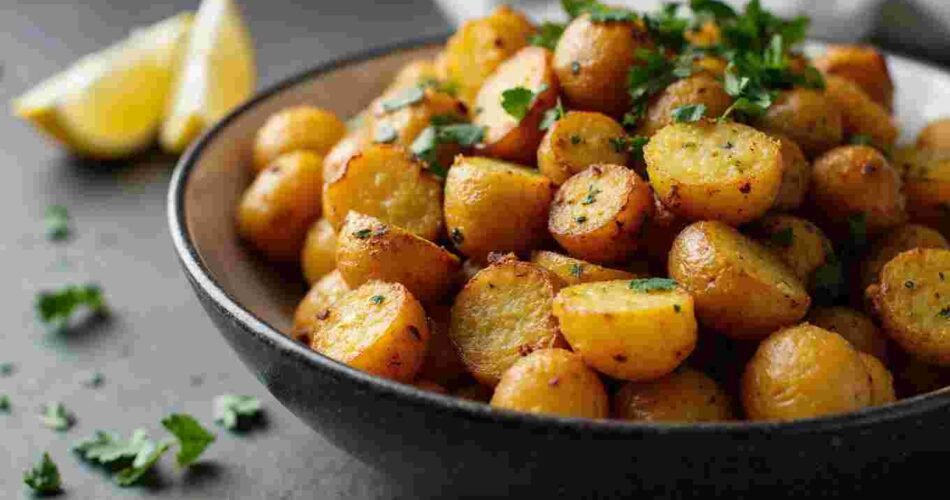 A vibrant bowl of golden crispy Bombay potatoes, fragrant with turmeric and cumin, garnished with fresh cilantro and served with lemon wedges.
