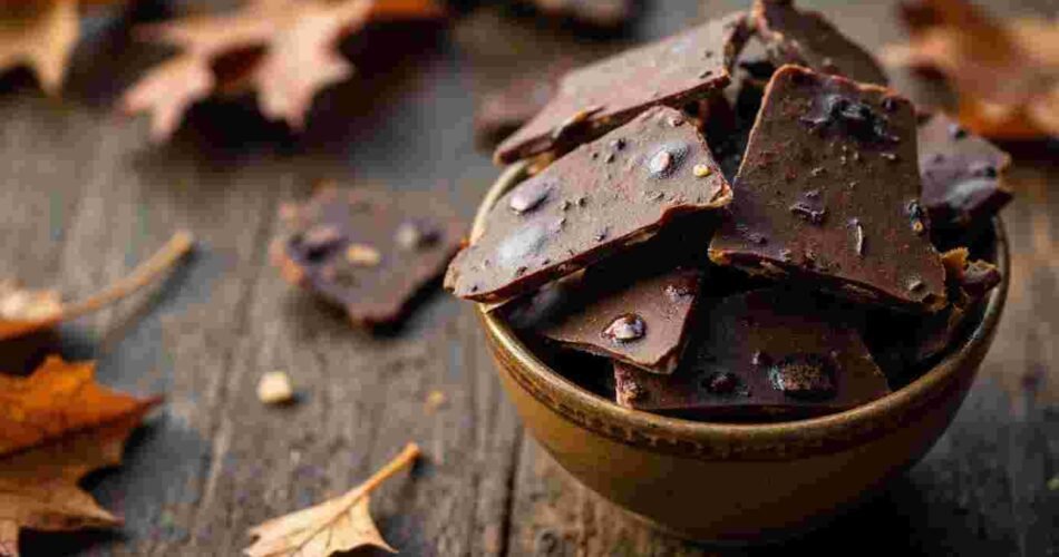Pieces of homemade bonfire toffee in a white bowl.