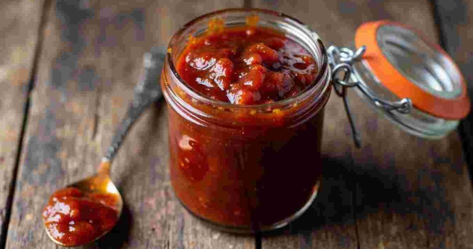 Homemade red chilli jam in a glass jar, with a spoon showing the thick texture.