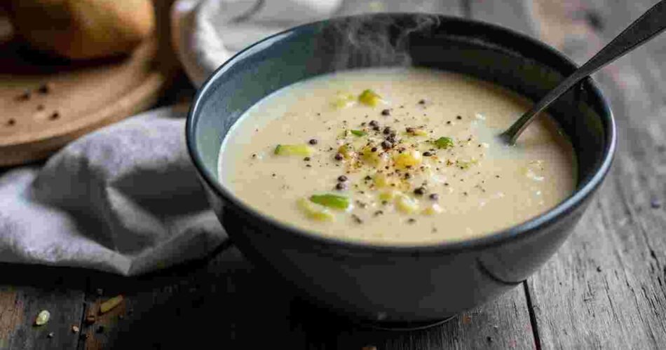 A steamy, creamy bowl of leek and potato soup with a spoon, topped with black pepper, looking super cozy and delicious.