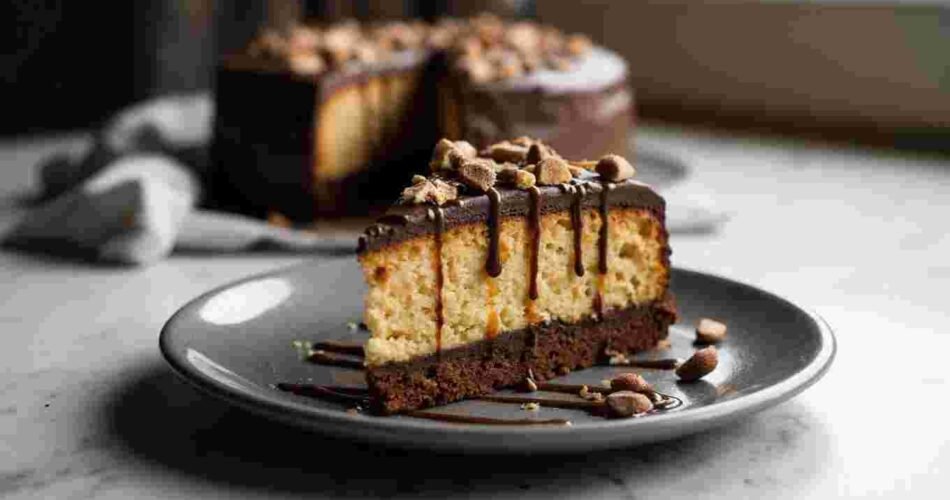 A slice of Mars Bar cake on a plate, showing layers of chocolate and biscuit.