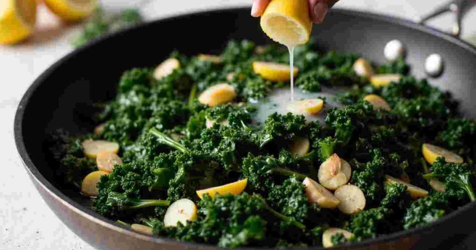 A pan of sautéed cavolo nero kale with garlic and lemon, served on a plate.