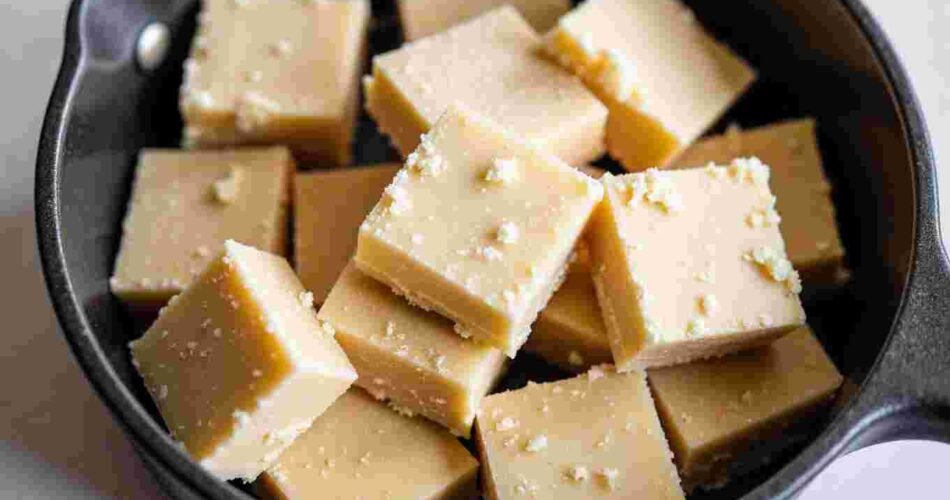 Pieces of Scottish tablet fudge on a plate, showing a crumbly, creamy texture.