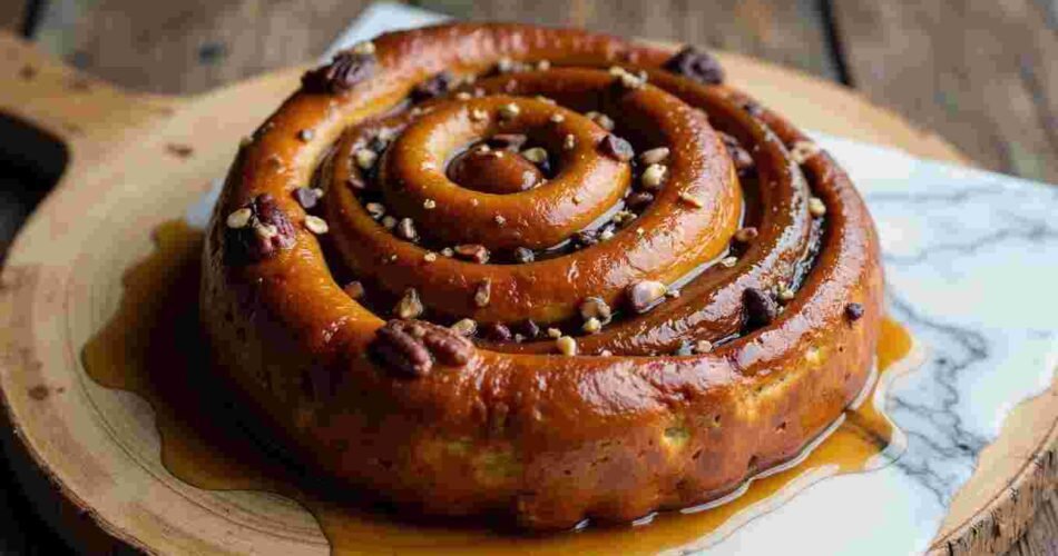 Close-up of a freshly baked sticky Chelsea buns loaf with icing glaze on top.