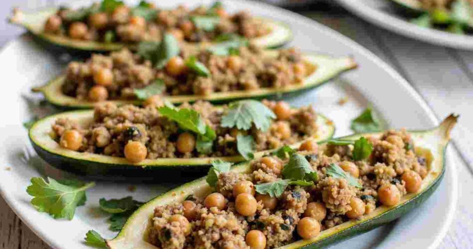 Two baked courgettes stuffed with rice, herbs, and melted cheese on a white plate.