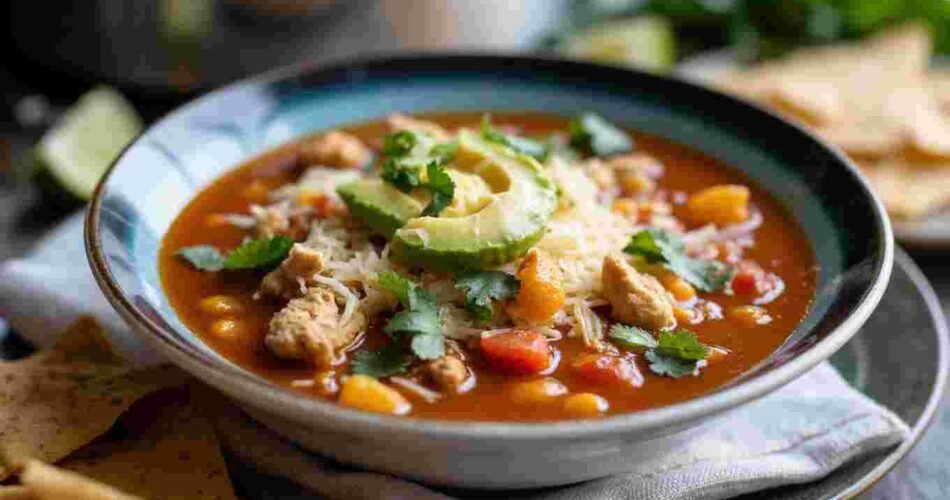 A bowl of hearty chicken tortilla soup from a crockpot, topped with avocado, cheese, lime, and crispy tortilla strips.