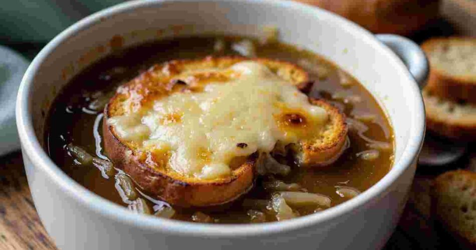 A close-up of a crock of the best French onion soup with golden, bubbling cheese melting over a crusty bread topping.