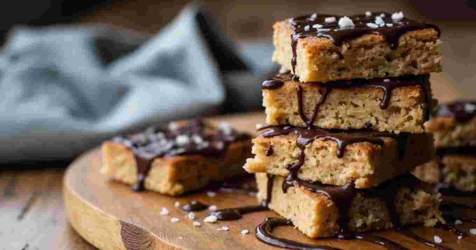 A square of chocolate flapjack with oats and a thick chocolate layer on top, cut and ready to eat.