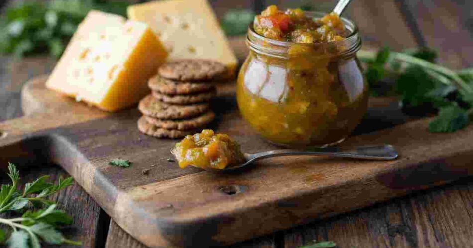 A jar of green tomato chutney with a spoon, showing the chunky texture.