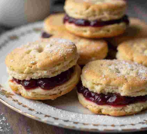 Homemade raspberry jam sandwich biscuits with powdered sugar on top.