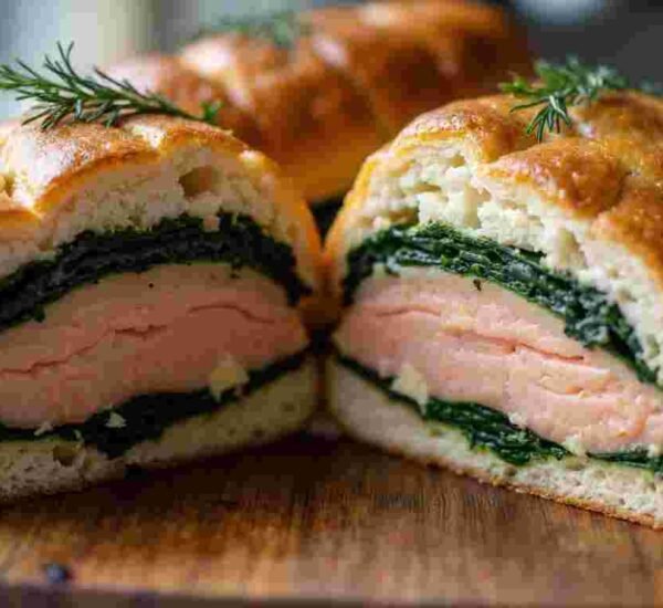 A baked salmon wellington on a cutting board, golden puff pastry with a slice cut to show salmon inside.