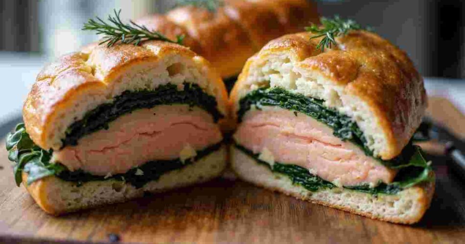 A baked salmon wellington on a cutting board, golden puff pastry with a slice cut to show salmon inside.