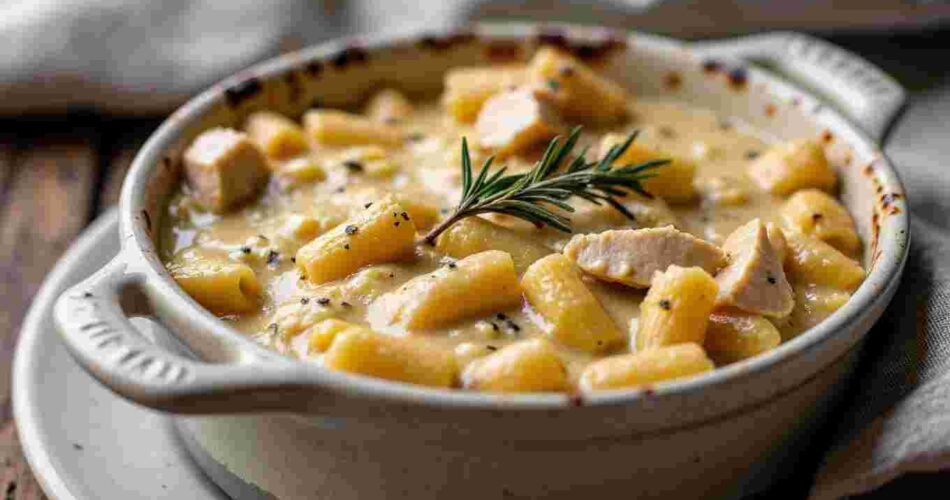 Creamy chicken pasta casserole in a baking dish, topped with golden cheese and fresh herbs.