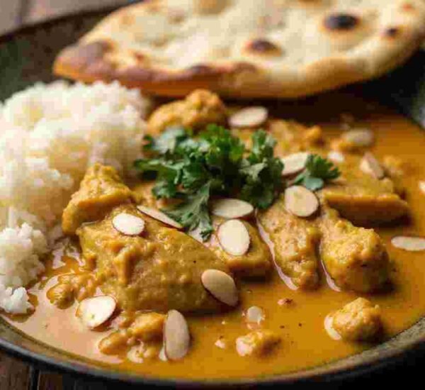 A bowl of creamy, golden chicken curry with big chunks of chicken, sprinkled with sliced almonds and cilantro, next to fluffy white rice and naan bread.