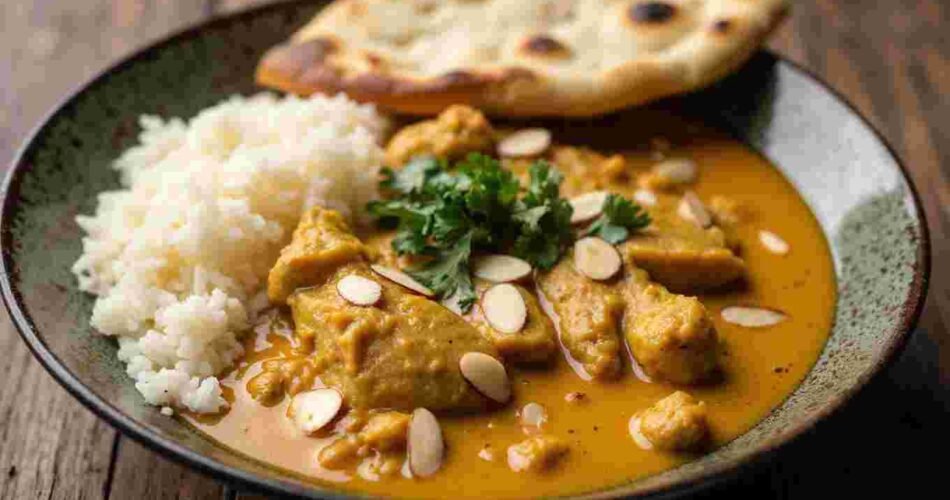 A bowl of creamy, golden chicken curry with big chunks of chicken, sprinkled with sliced almonds and cilantro, next to fluffy white rice and naan bread.