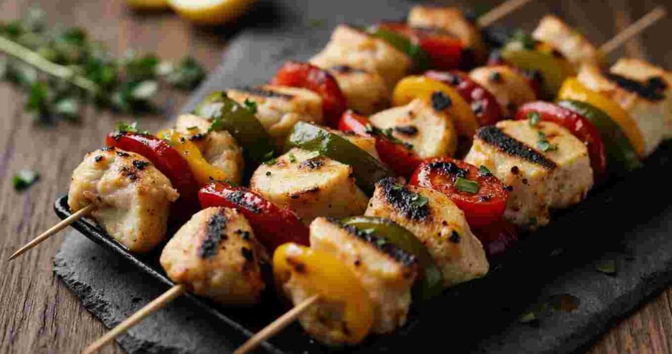 Grilled chicken breast and golden halloumi cheese slices on a plate.