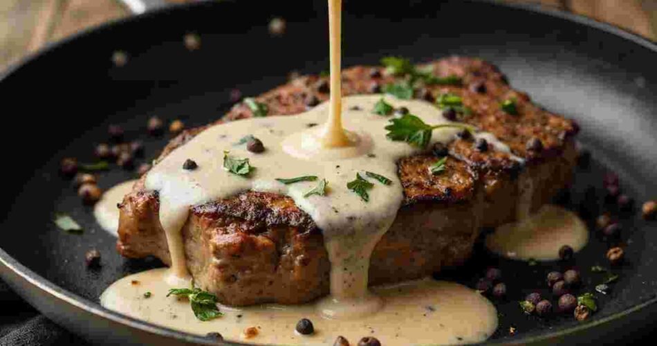 A creamy peppercorn sauce in a small saucepan, with a spoon.