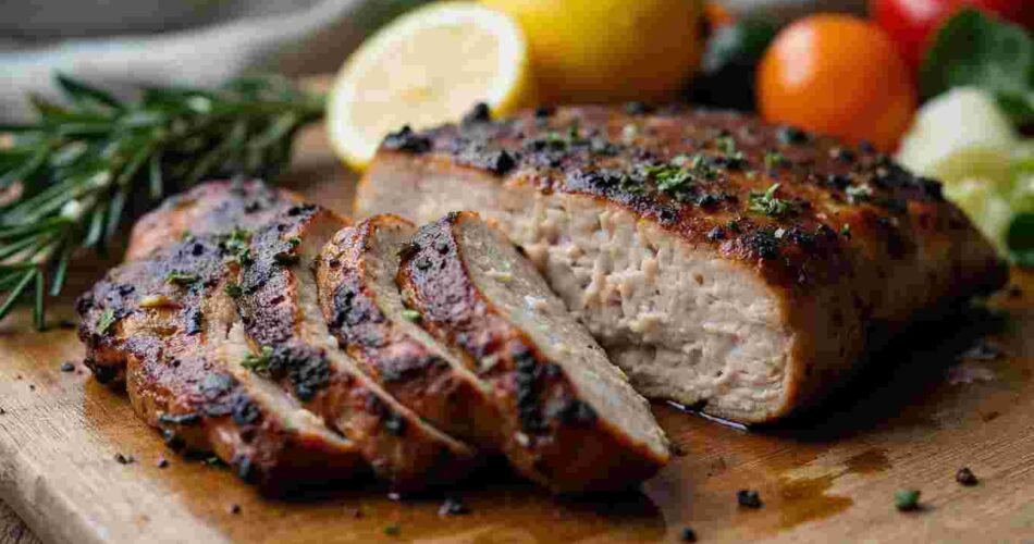A grilled turkey steak with lemon and rosemary on a white plate, ready to eat.