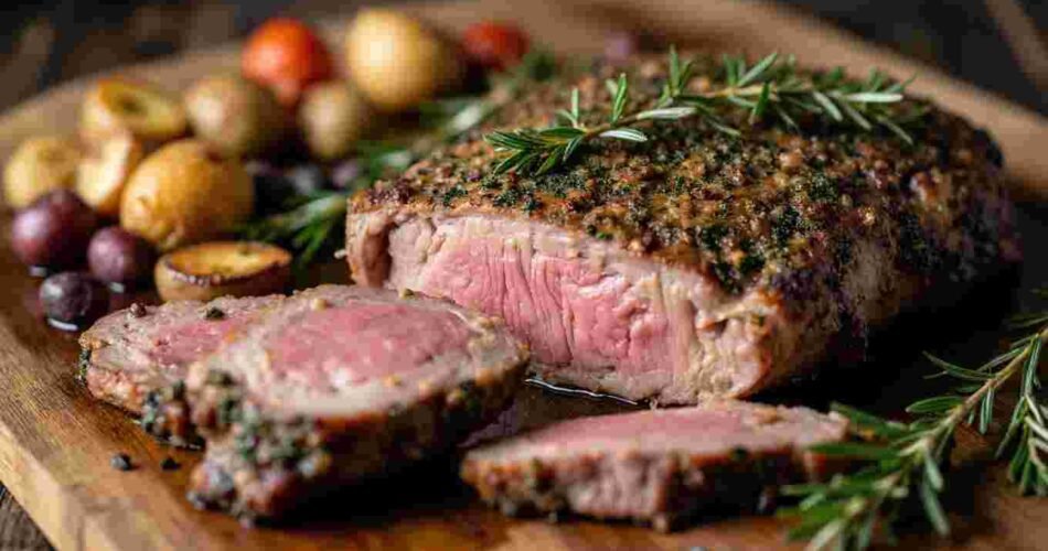 A slice of roasted lamb rump with garlic and rosemary on a plate.