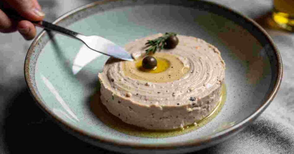 Creamy smoked mackerel pâté in a small dish with a cracker and lemon wedge.