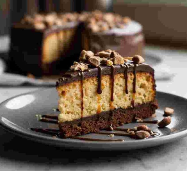 A slice of Mars Bar cake on a plate, showing layers of chocolate and biscuit.
