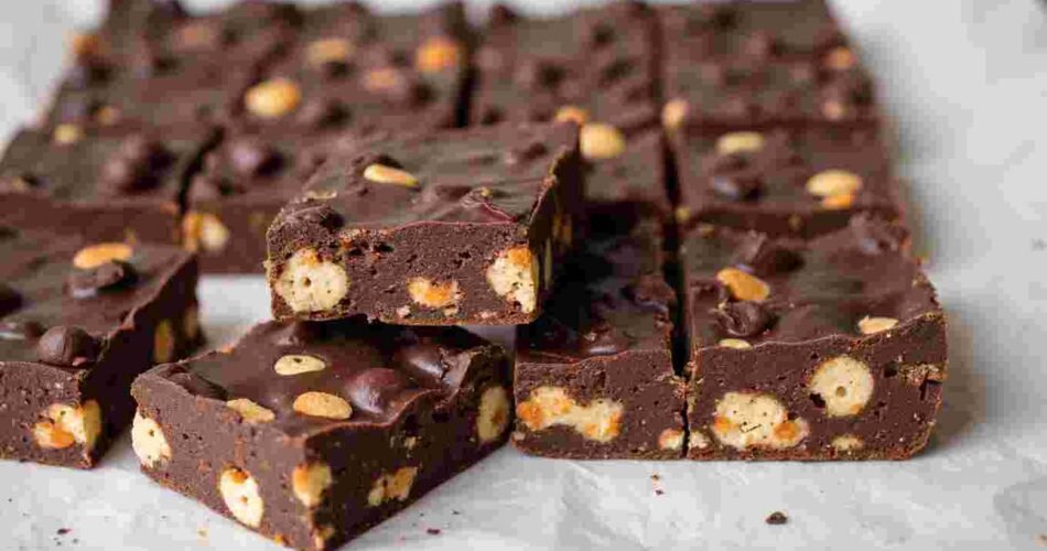 A close-up of homemade chocolate crunch bark with crushed biscuits and cornflakes, broken into pieces on a plate.