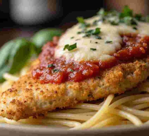 A super close-up of a crispy fried chicken cutlet covered in bubbly red tomato sauce and melted, stringy mozzarella cheese, all on a bed of spaghetti.