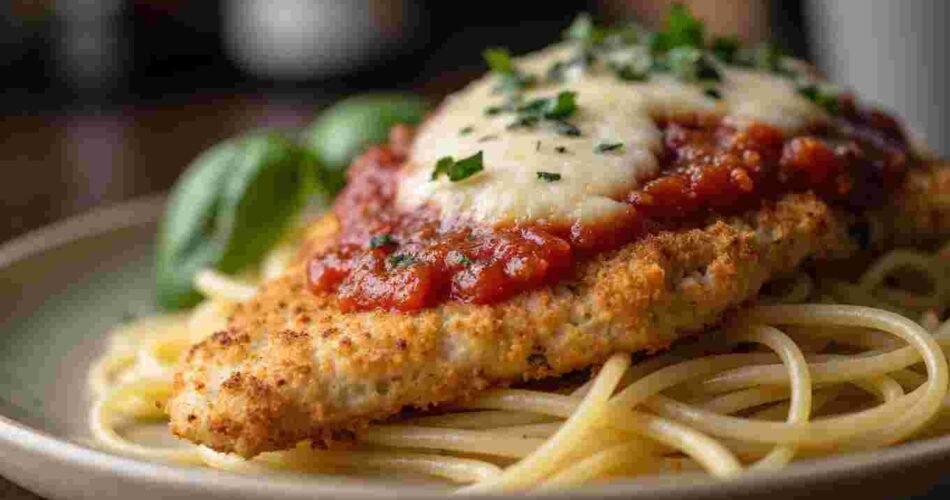 A super close-up of a crispy fried chicken cutlet covered in bubbly red tomato sauce and melted, stringy mozzarella cheese, all on a bed of spaghetti.