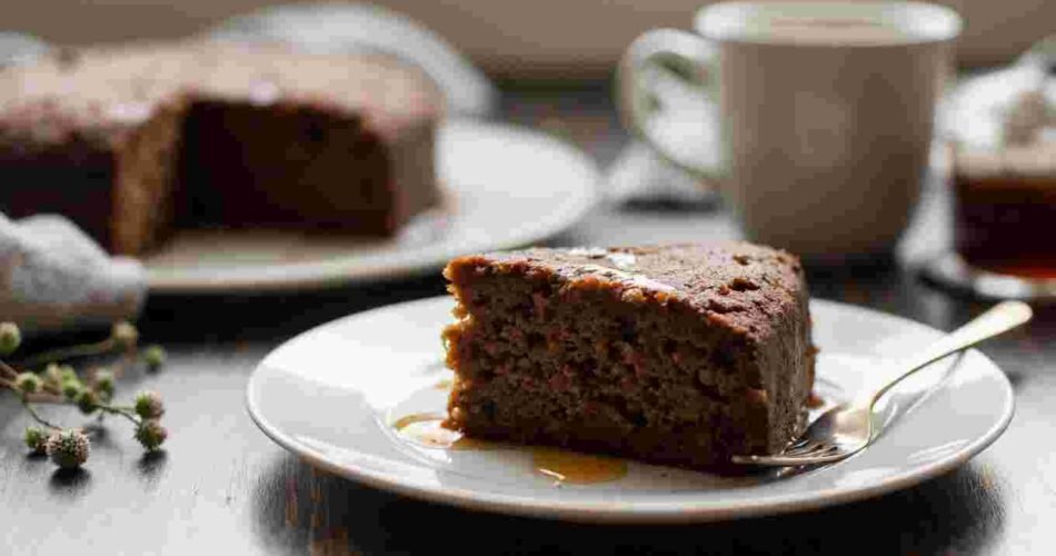 A dark slice of sticky Jamaican ginger cake on a white plate, moist and glistening.