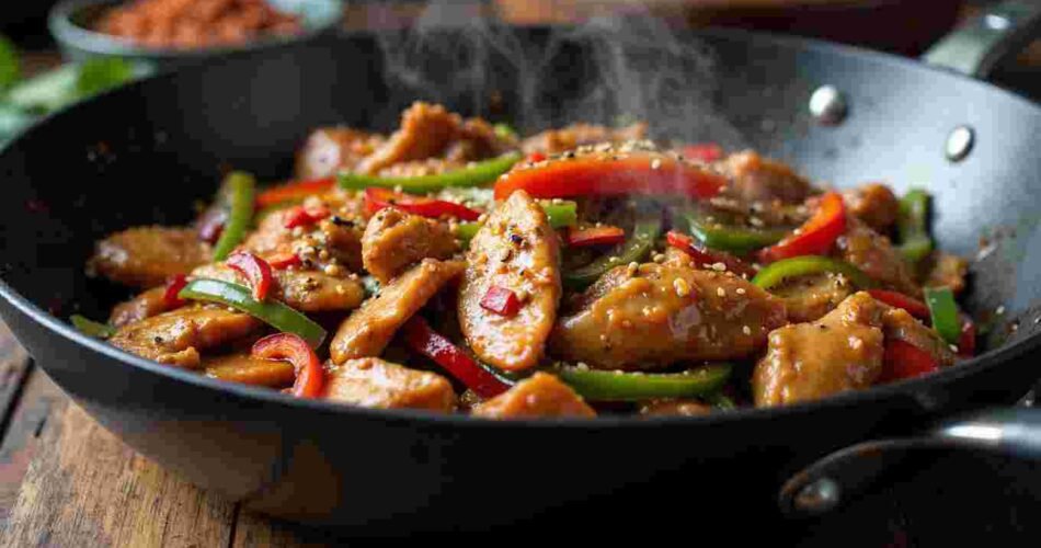 A plate of sweet chilli chicken stir-fry with colorful bell peppers and rice.