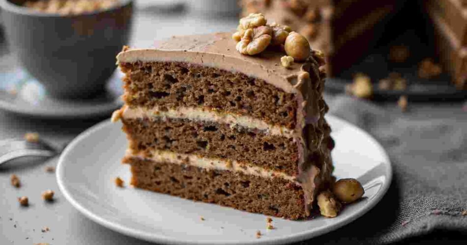 A slice of coffee and walnut cake on a plate, showing layers with cream and walnuts.